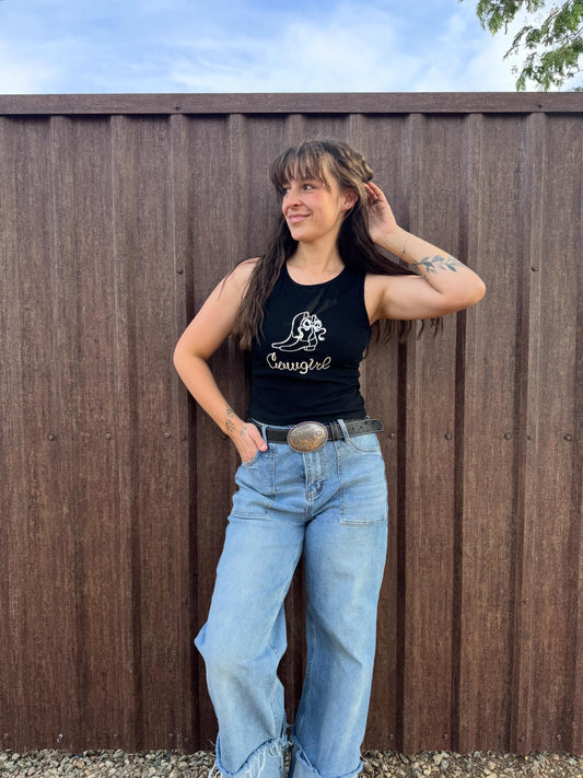 Black Cowgirl Ribbed Tank